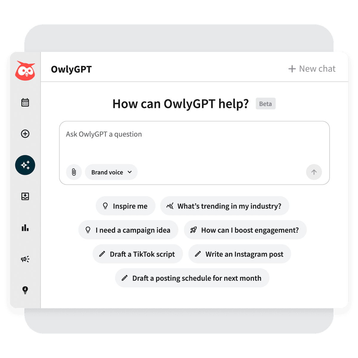 OwlyGPT interface showing chat input field and suggested prompts for social media content creation and campaign planning