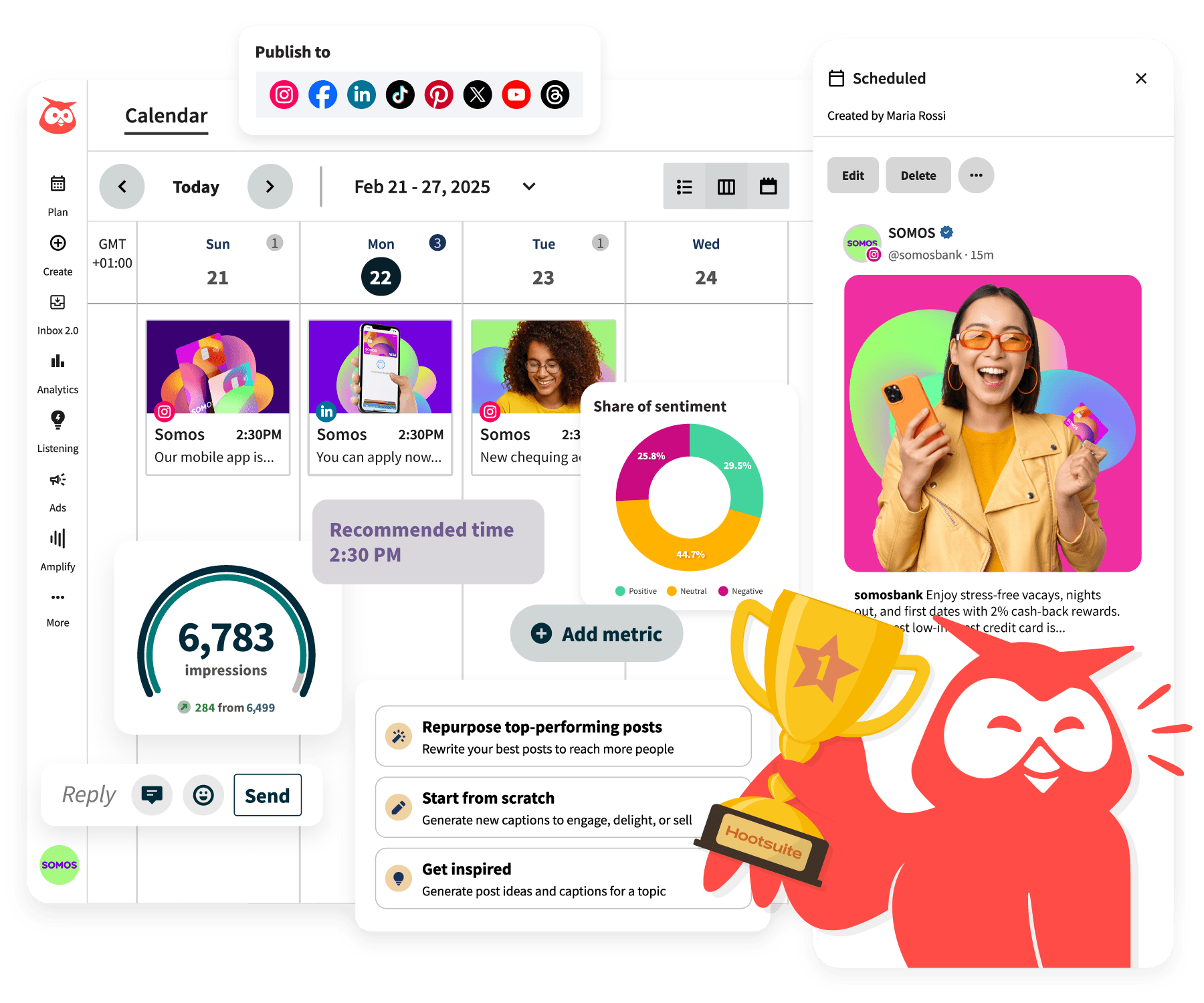 Hootsuite dashboard with content calendar, analytics, social listening, and publishing features